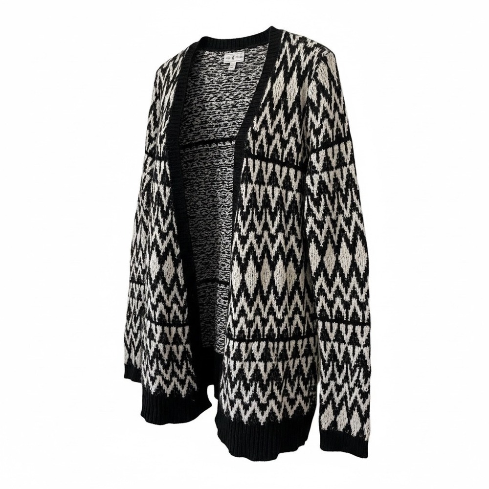 Lou &‎ Grey Geometric Knit Open Front Cardigan Sweater Black White L Boho Chic